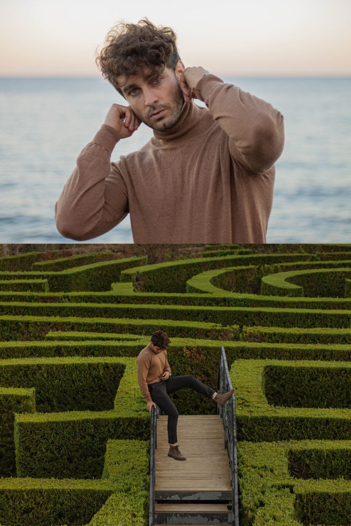 Fynch Hatton Outift otoño para hombre sobre fondos de mar y laberinto verde